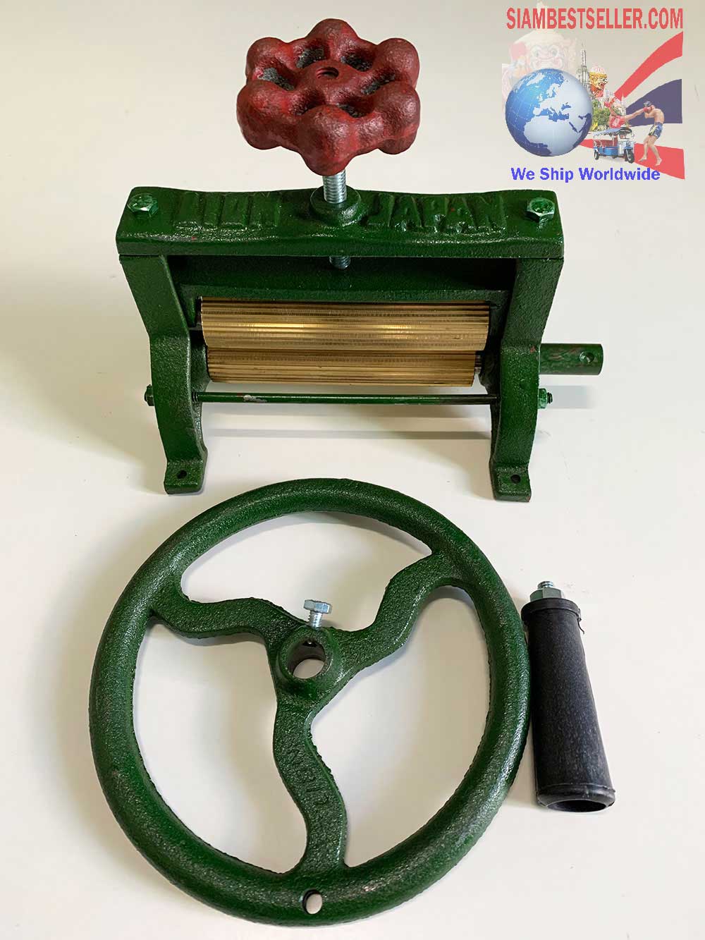 Shipped Package:  Vintage Cast Iron Manual Dry Squid Hand Grinder to Thin Strips grind or crush Mill Sugarcane Juice Making Homemade Adjustable Brass Roller Plastic Handle www.siambestseller.com Image 2